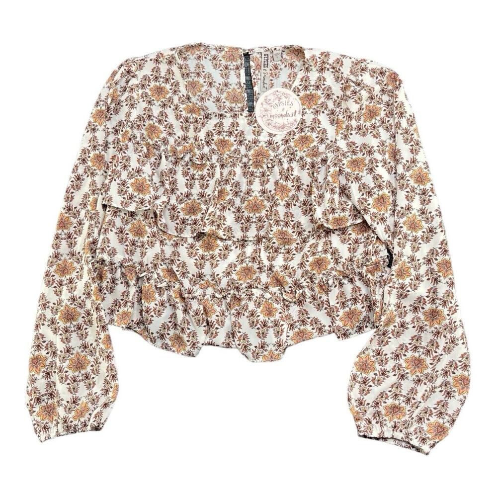 GYPSIES & MOONDUST Blouse Sz Lg Fall Floral Ruffled Long Sleeve Crop Top NWT